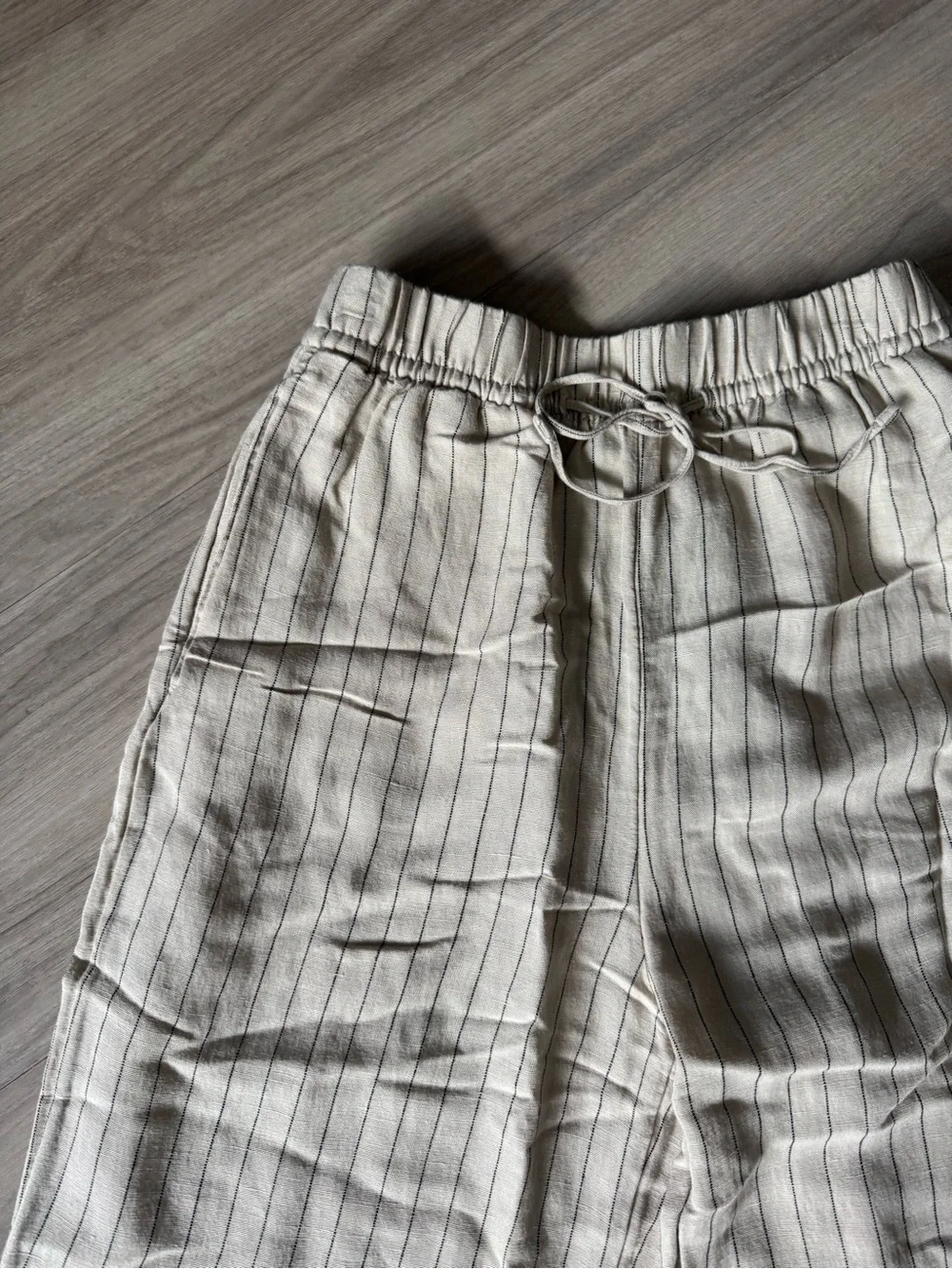 Light Cream Striped Wide-Leg Drawstring Linen Pants
